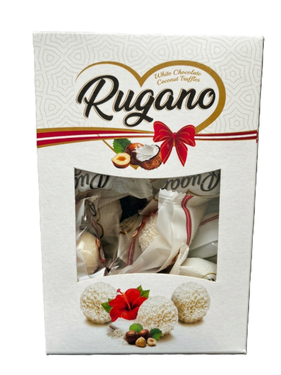 Antat Rugano baltojo šokolado kokosiniai triufeliai su pieno kremo ir lazdyno riešutų įdaru 250 g